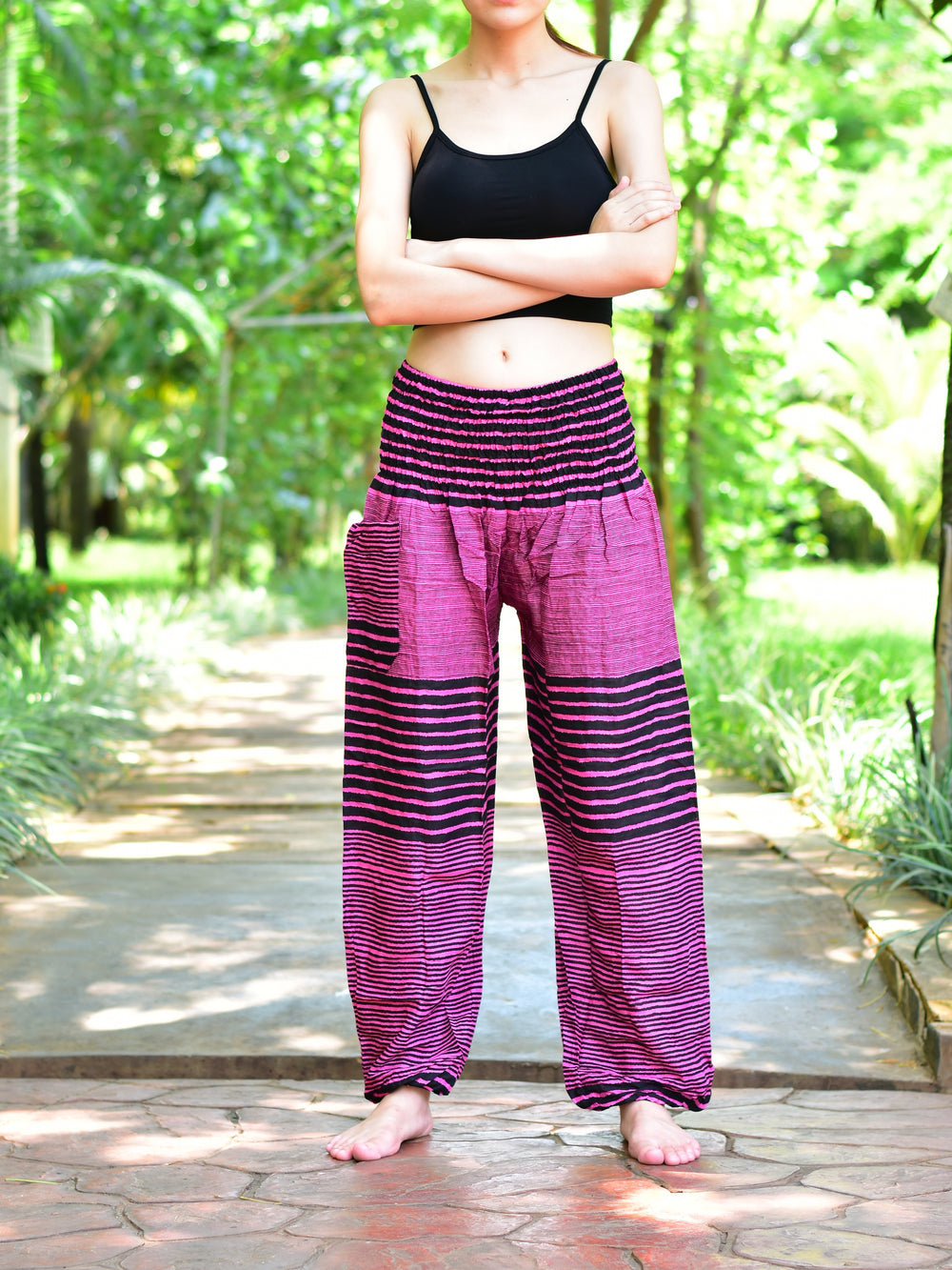 Bohotusk Pink Patch Stripe Print Elasticated Smocked Waist Womens Harem Pants S/M to 3XL