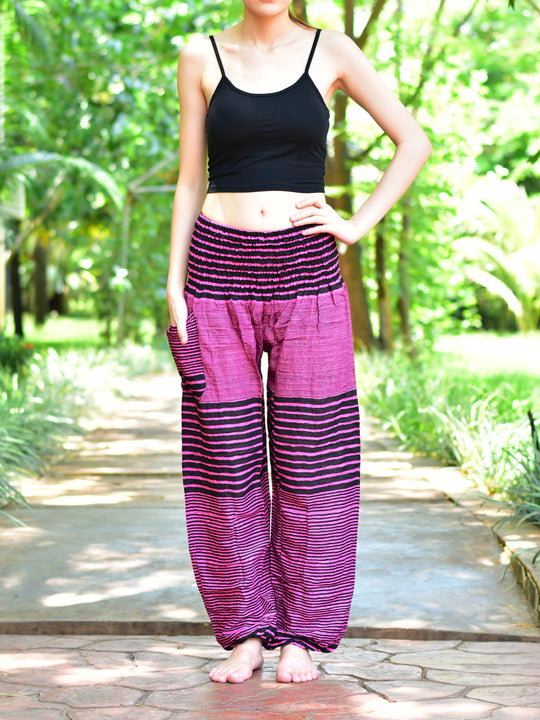 Bohotusk Pink Patch Stripe Print Elasticated Smocked Waist Womens Harem Pants S/M to 3XL