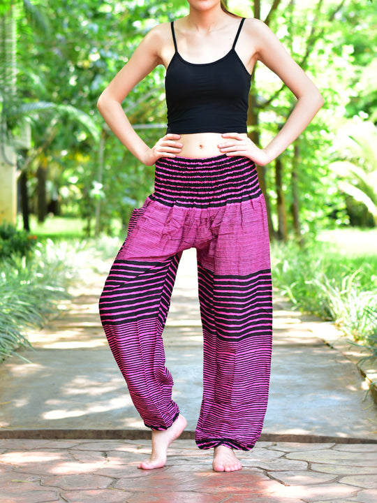 Bohotusk Pink Patch Stripe Print Elasticated Smocked Waist Womens Harem Pants S/M to 3XL