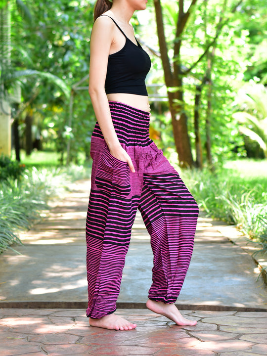 Bohotusk Pink Patch Stripe Print Elasticated Smocked Waist Womens Harem Pants S/M to 3XL