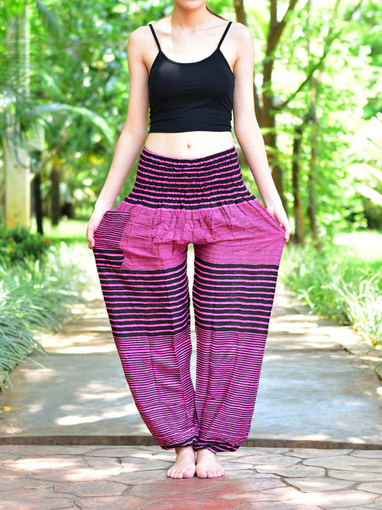 Bohotusk Pink Patch Stripe Print Elasticated Smocked Waist Womens Harem Pants S/M to 3XL