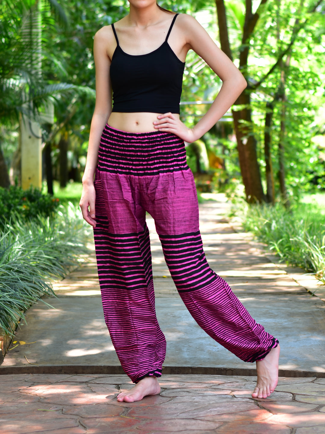 Bohotusk Pink Patch Stripe Print Elasticated Smocked Waist Womens Harem Pants S/M to 3XL