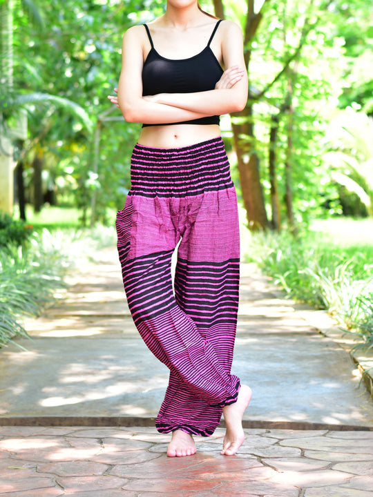 Bohotusk Pink Patch Stripe Print Elasticated Smocked Waist Womens Harem Pants S/M to 3XL