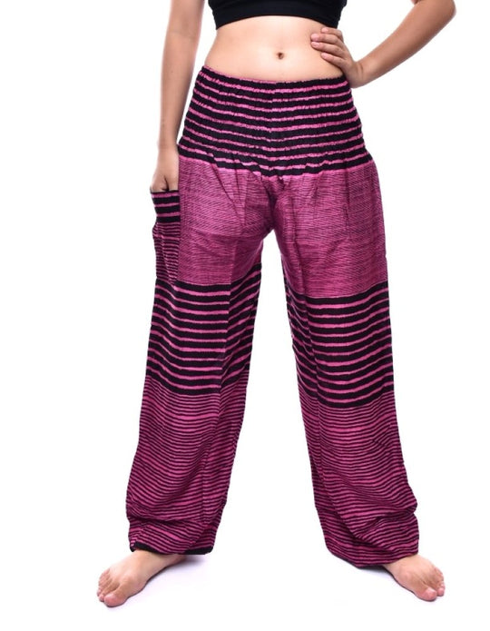Bohotusk Pink Patch Stripe Print Elasticated Smocked Waist Womens Harem Pants S/M to 3XL