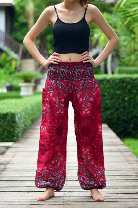 Bohotusk Red Ink Splash Print Elasticated Smocked Waist Womens Harem Pants S/M to LXL