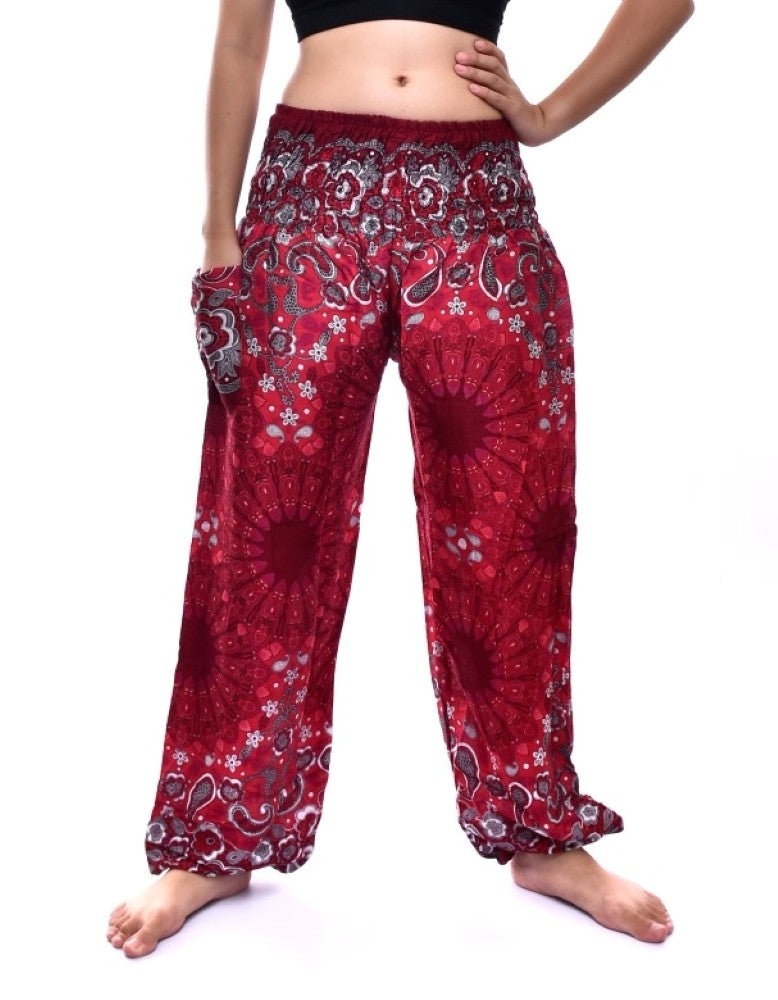 Bohotusk Red Ink Splash Print Elasticated Smocked Waist Womens Harem Pants S/M to LXL