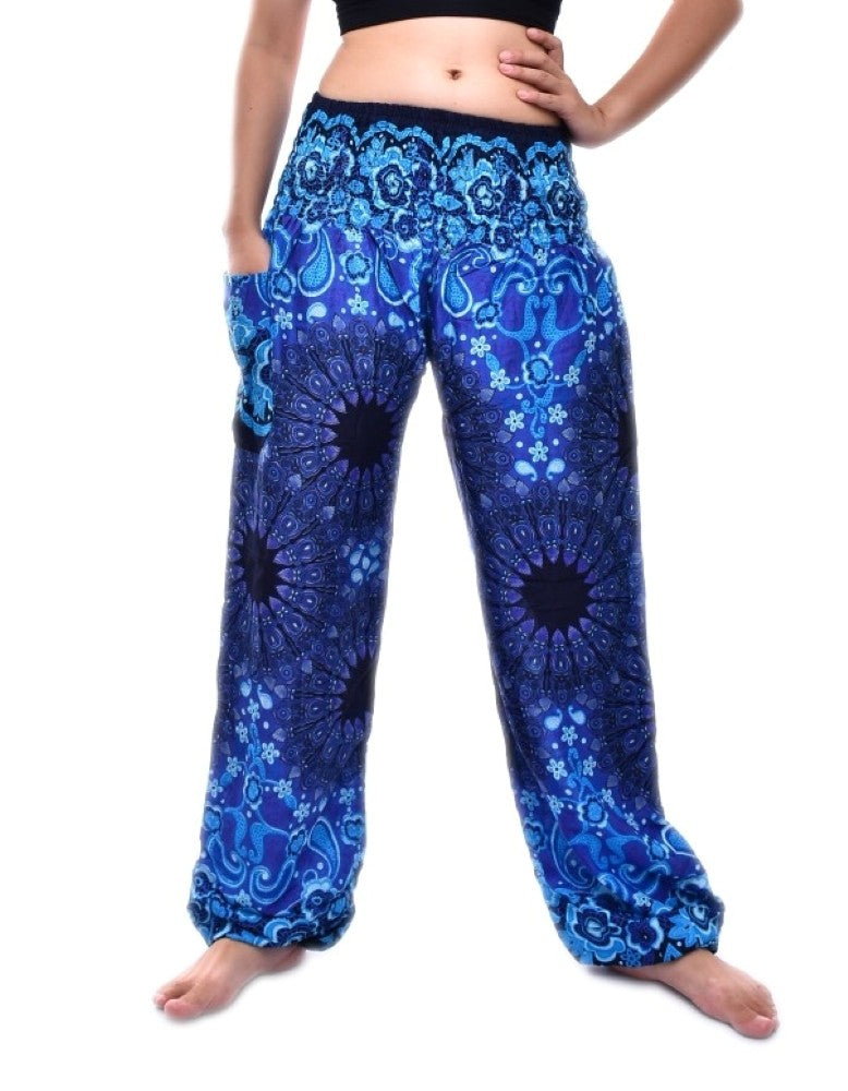 Bohotusk Blue Ink Splash Print Elasticated Smocked Waist Womens Harem Pants S/M to 4XL