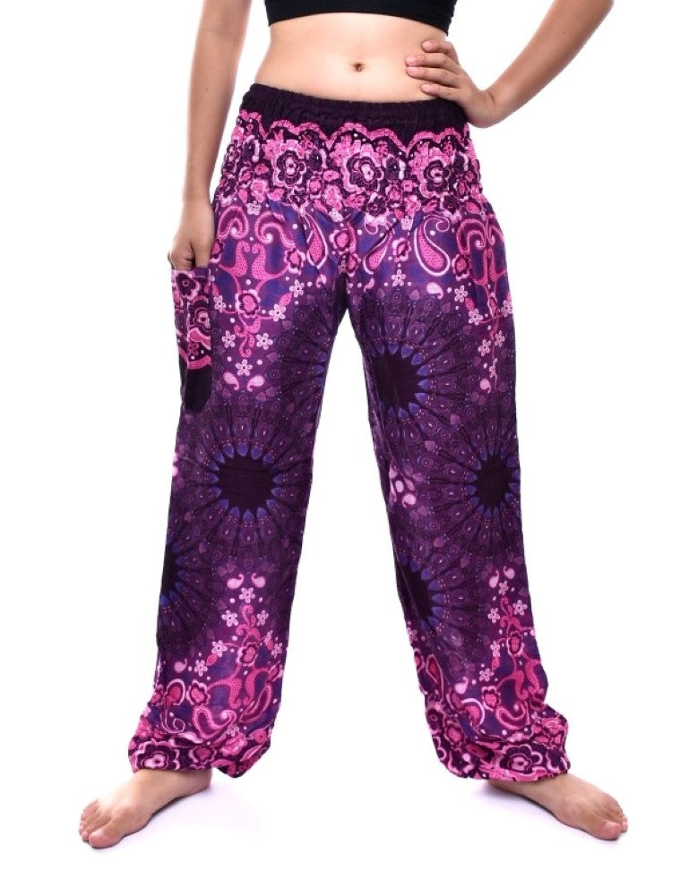 Bohotusk Purple Ink Splash Print Elasticated Smocked Waist Womens Harem Pants S/M to 4XL