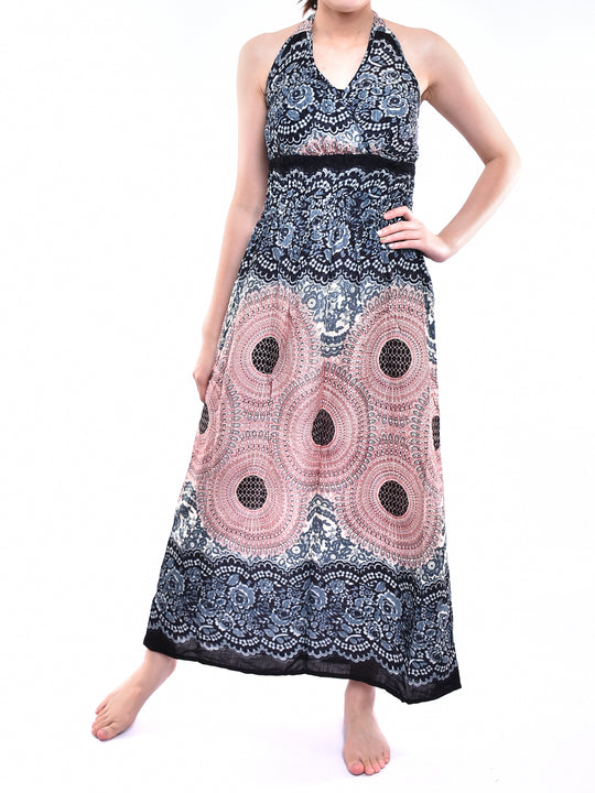 Bohotusk Light Pink & White Sun Glow Print Tie Neck Maxi Dress