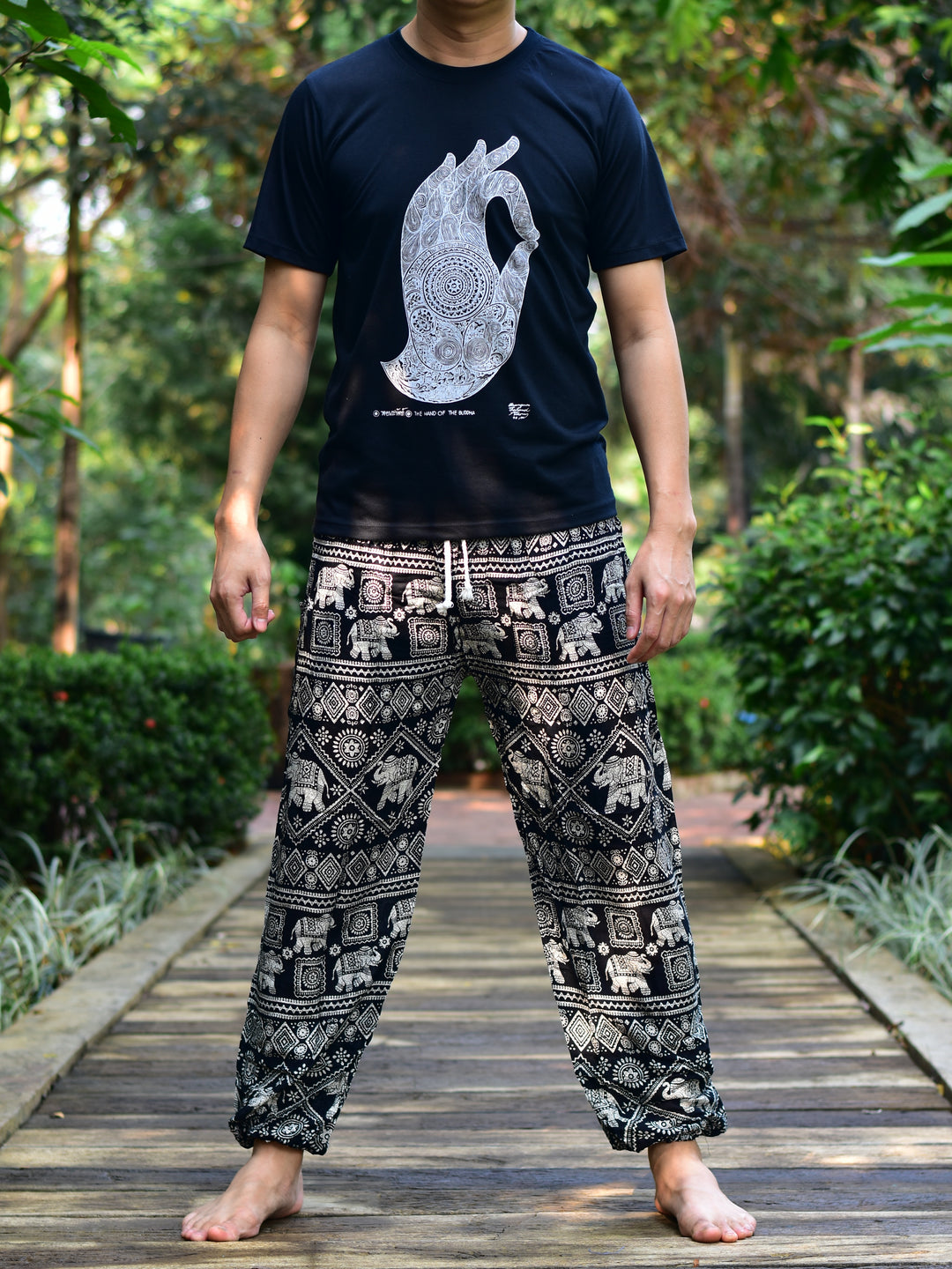 Bohotusk Mens Black Elephant Print Harem Pants Cord Tie Waist M/L to 2XL