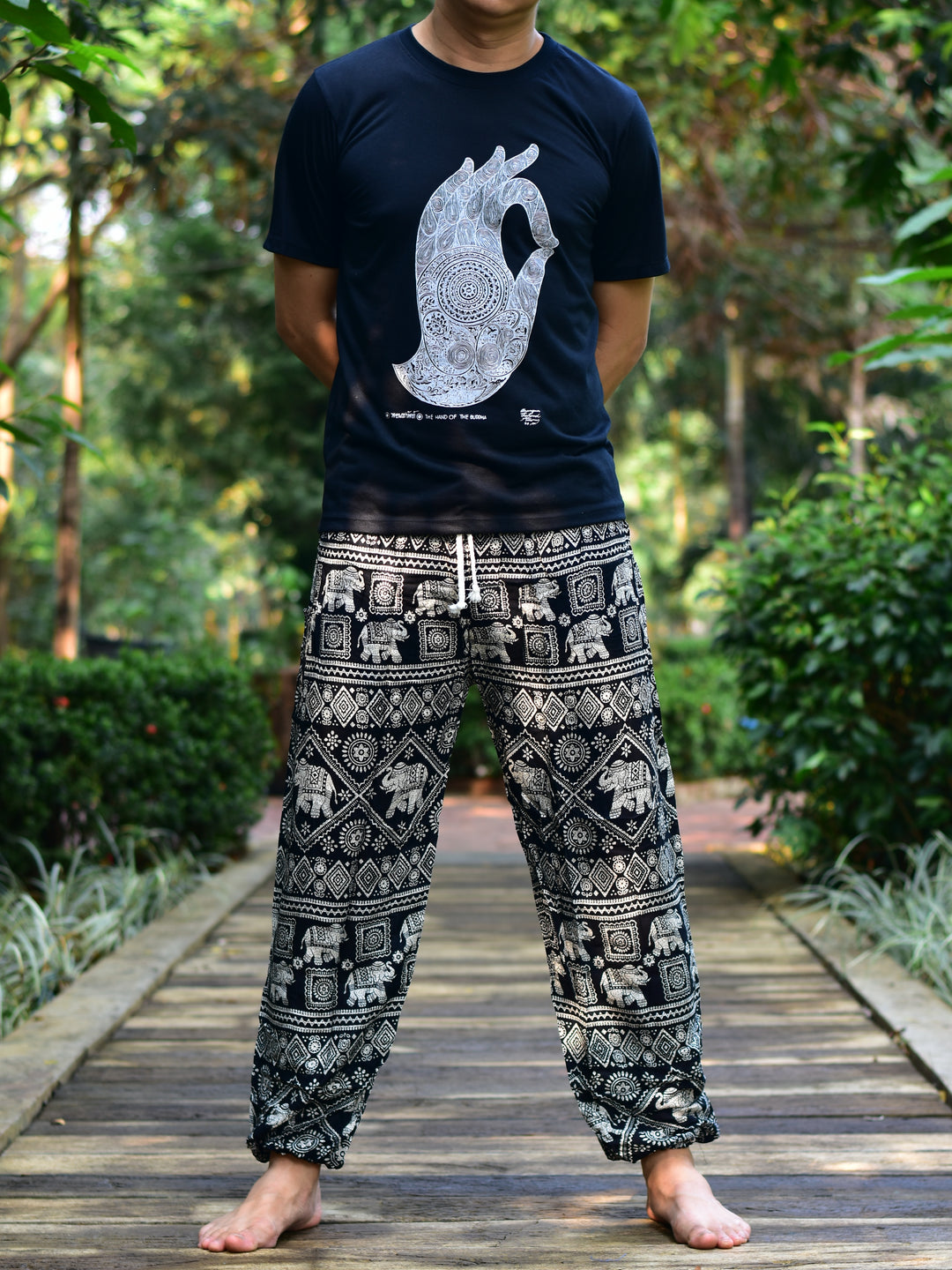 Bohotusk Mens Black Elephant Print Harem Pants Cord Tie Waist M/L to 2XL