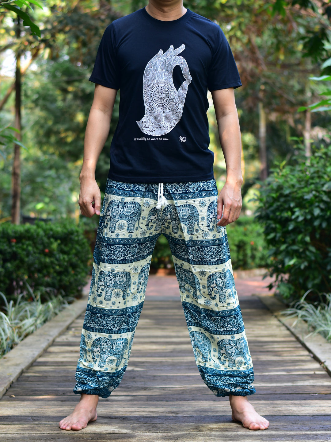 Bohotusk Mens Green Elephant Herd PrintHarem Pants Cord Tie Waist M/L to XL