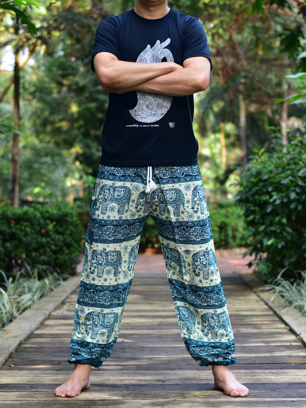 Bohotusk Mens Green Elephant Herd PrintHarem Pants Cord Tie Waist M/L to XL