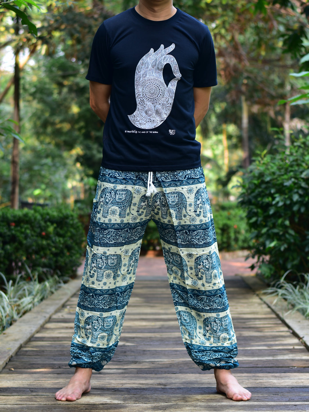 Bohotusk Mens Green Elephant Herd PrintHarem Pants Cord Tie Waist M/L to XL