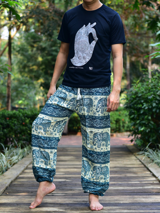 Bohotusk Mens Green Elephant Herd PrintHarem Pants Cord Tie Waist M/L to XL