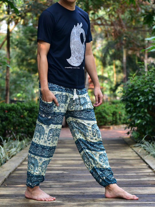Bohotusk Mens Green Elephant Herd PrintHarem Pants Cord Tie Waist M/L to XL