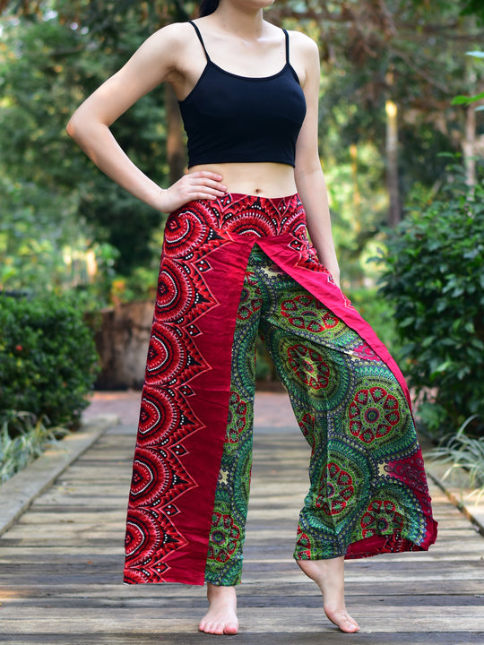 Bohotusk Green Red Divine Womens Palazzo Trousers S/M to L/XL