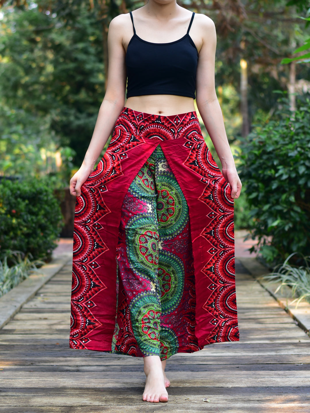 Bohotusk Green Red Divine Womens Palazzo Trousers S/M to L/XL