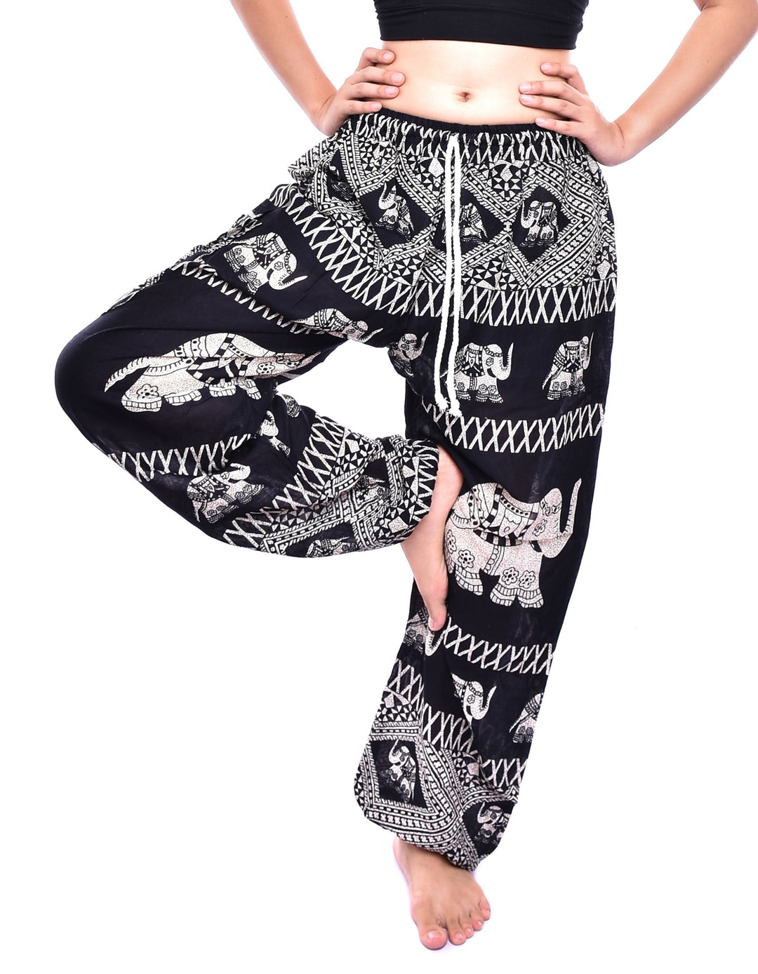 Bohotusk Girls Black Elephant Bull Drawstring Waist Harem Pants (6 - 8 Years)