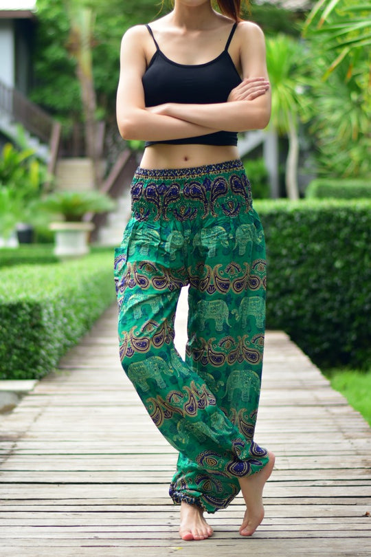 Bohotusk Green Elephant Grassland Print Elasticated Smocked Waist Womens Harem Pants S/M to 4XL
