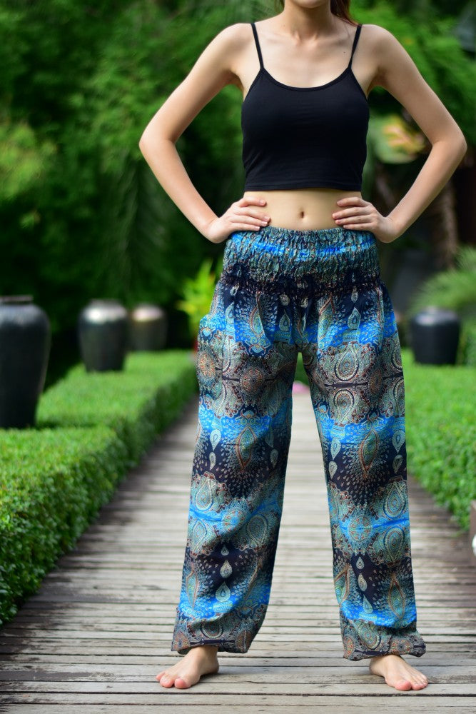 Bohotusk Sky Blue Teardrop Print Elasticated Smocked Waist Womens Harem Pants S/M