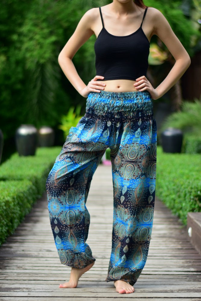Bohotusk Sky Blue Teardrop Print Elasticated Smocked Waist Womens Harem Pants S/M