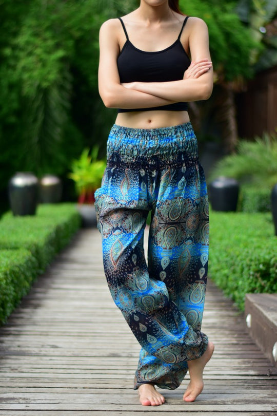 Bohotusk Sky Blue Teardrop Print Elasticated Smocked Waist Womens Harem Pants S/M