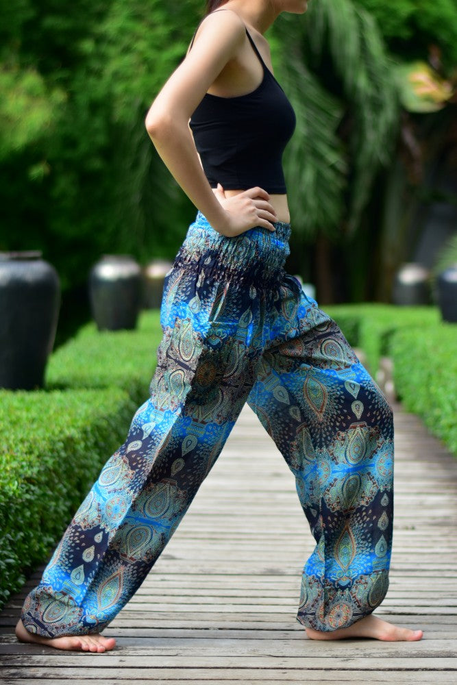 Bohotusk Sky Blue Teardrop Print Elasticated Smocked Waist Womens Harem Pants S/M
