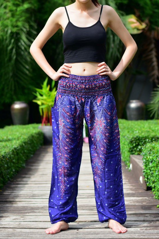 Bohotusk Blue Peacock Print Elasticated Smocked Waist Womens Harem Pants S/M to LXL