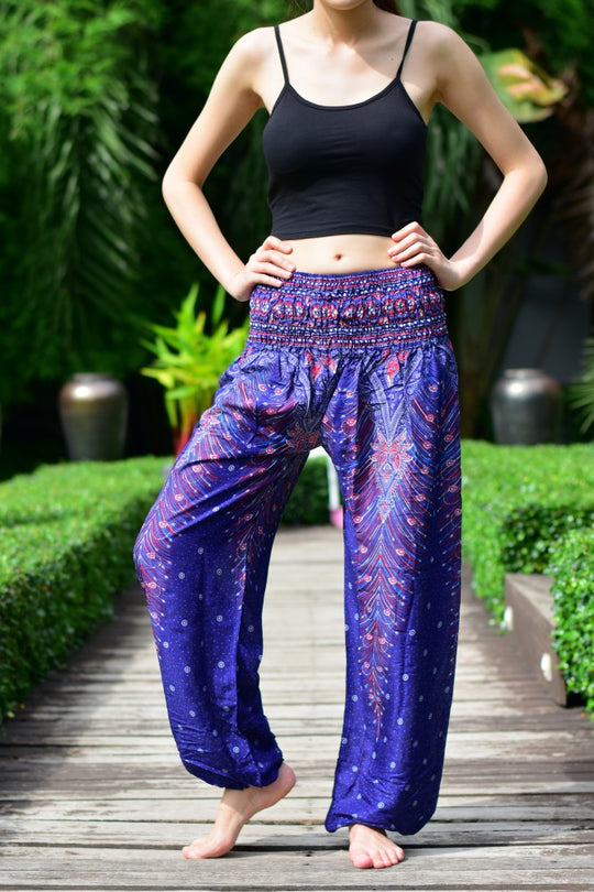Bohotusk Blue Peacock Print Elasticated Smocked Waist Womens Harem Pants S/M to LXL