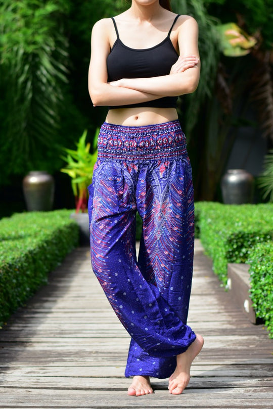 Bohotusk Blue Peacock Print Elasticated Smocked Waist Womens Harem Pants S/M to LXL