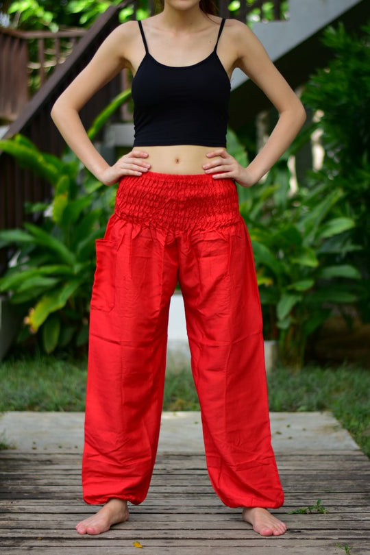Bohotusk Light Red Plain Elasticated Smocked Waist Womens Harem Pants S/M to 3XL