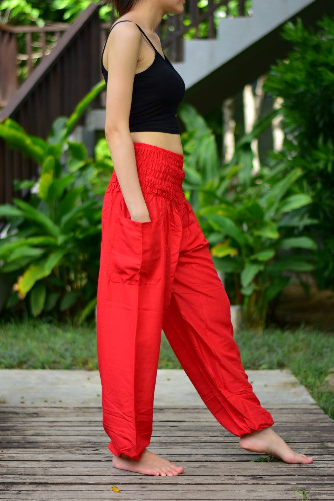 Bohotusk Light Red Plain Elasticated Smocked Waist Womens Harem Pants S/M to 3XL