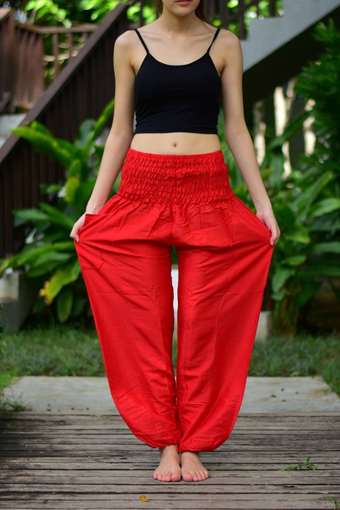 Bohotusk Light Red Plain Elasticated Smocked Waist Womens Harem Pants S/M to 3XL