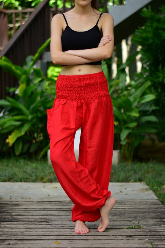 Bohotusk Light Red Plain Elasticated Smocked Waist Womens Harem Pants S/M to 3XL