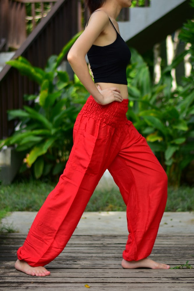 Bohotusk Light Red Plain Elasticated Smocked Waist Womens Harem Pants S/M to 3XL