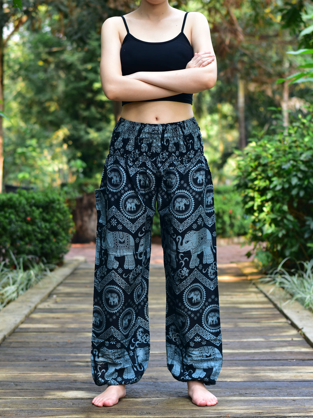 Bohotusk Black Elephant Tusker Elasticated Smocked Waist Womens Harem Pants S/M to 3XL