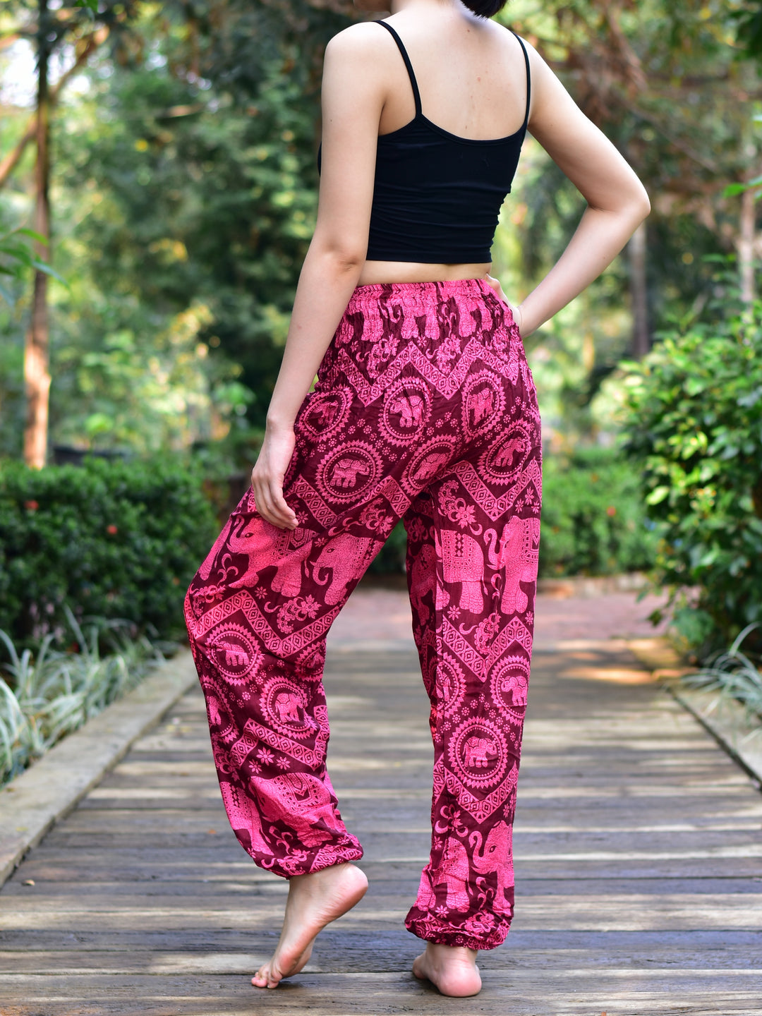 Bohotusk Kids Red Pink Elephant Tusker Elasticated Smocked Waist Harem Pants (13 - 15 Years)