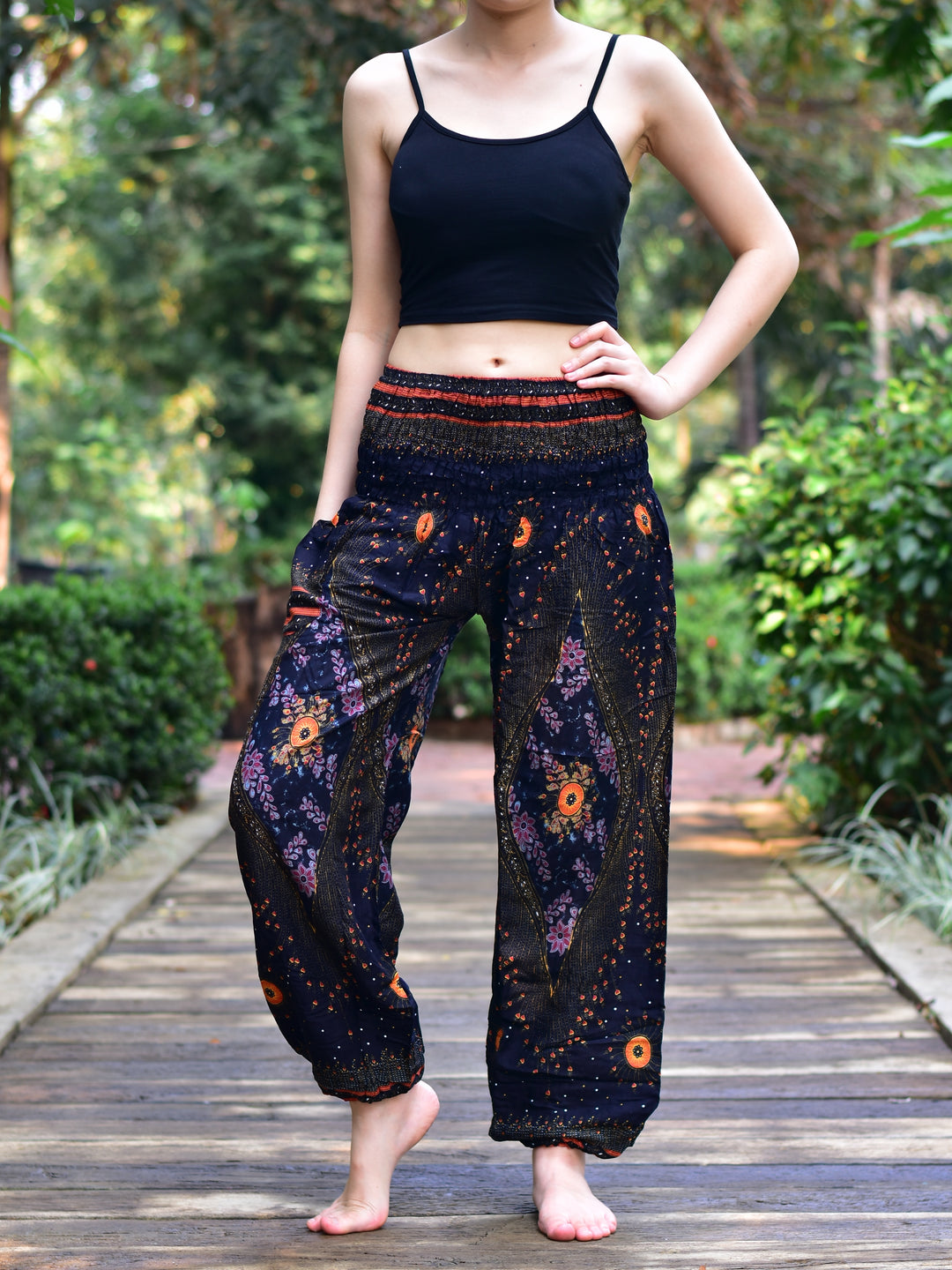 Bohotusk Black Moonshine Print Elasticated Smocked Waist Womens Harem Pants S/M