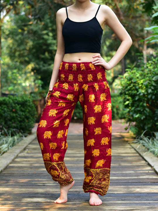 Bohotusk Red Royal Elephant Print Elasticated Smocked Waist Womens Harem Pants S/M