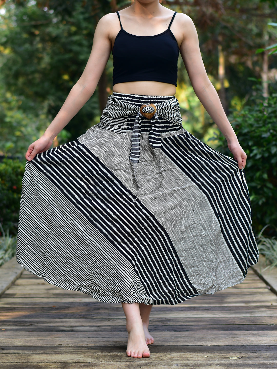 Bohotusk Black Patch Stripe Long Skirt With Coconut Buckle (& Strapless Dress) S/M to L/XL