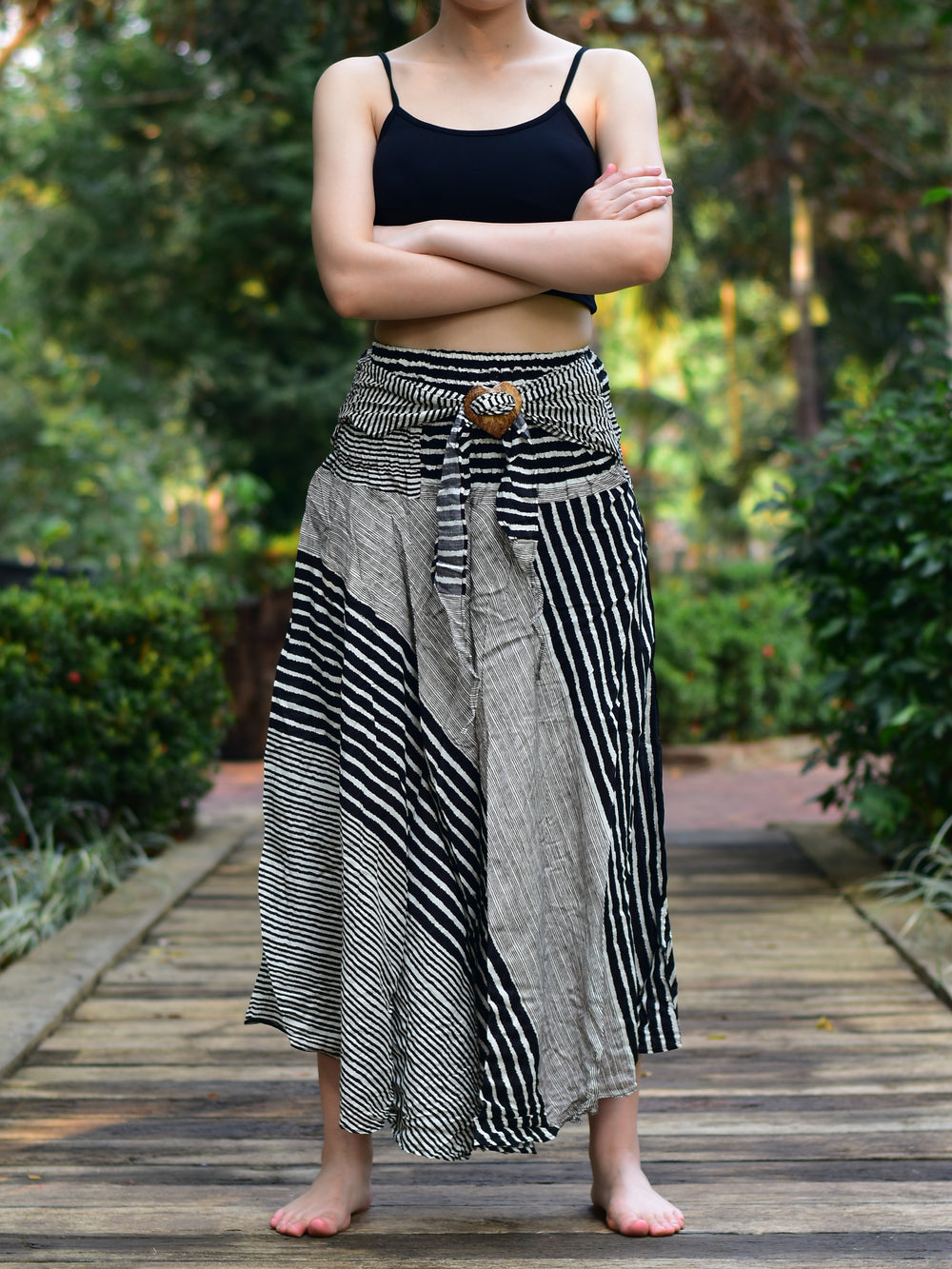 Bohotusk Black Patch Stripe Long Skirt With Coconut Buckle (& Strapless Dress) S/M to L/XL
