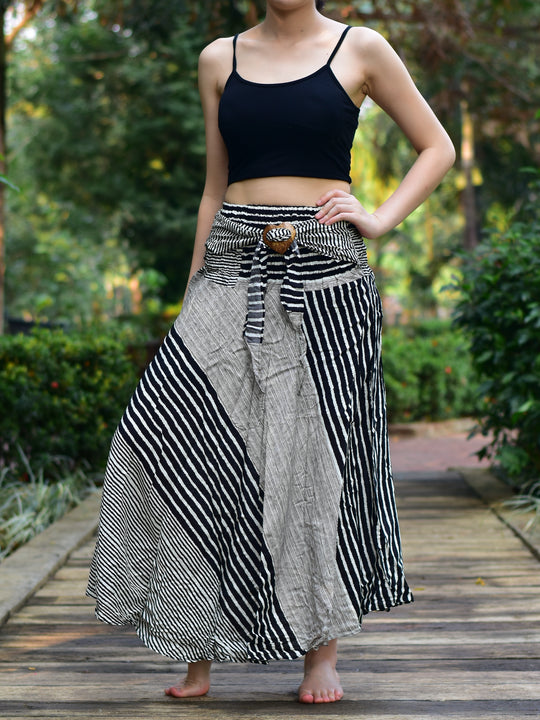 Bohotusk Black Patch Stripe Long Skirt With Coconut Buckle (& Strapless Dress) S/M to L/XL
