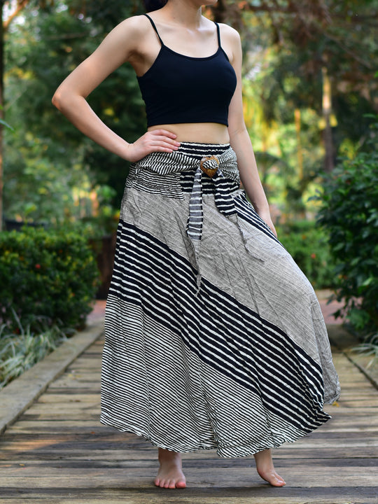 Bohotusk Black Patch Stripe Long Skirt With Coconut Buckle (& Strapless Dress) S/M to L/XL