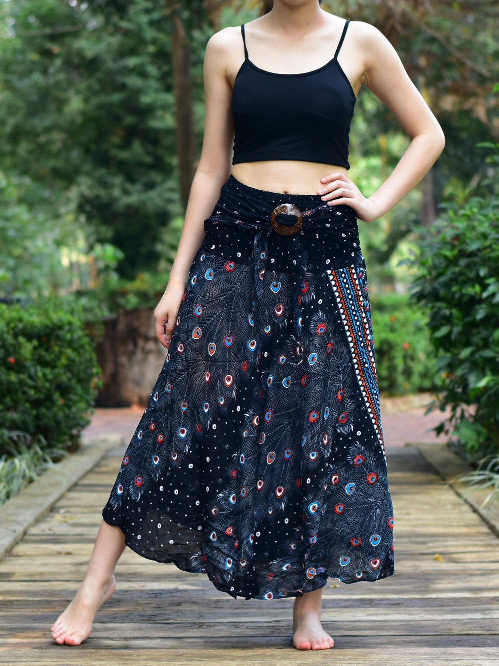 Bohotusk Black Peacock Long Skirt With Coconut Buckle (& Strapless Dress) S/M to 3XL