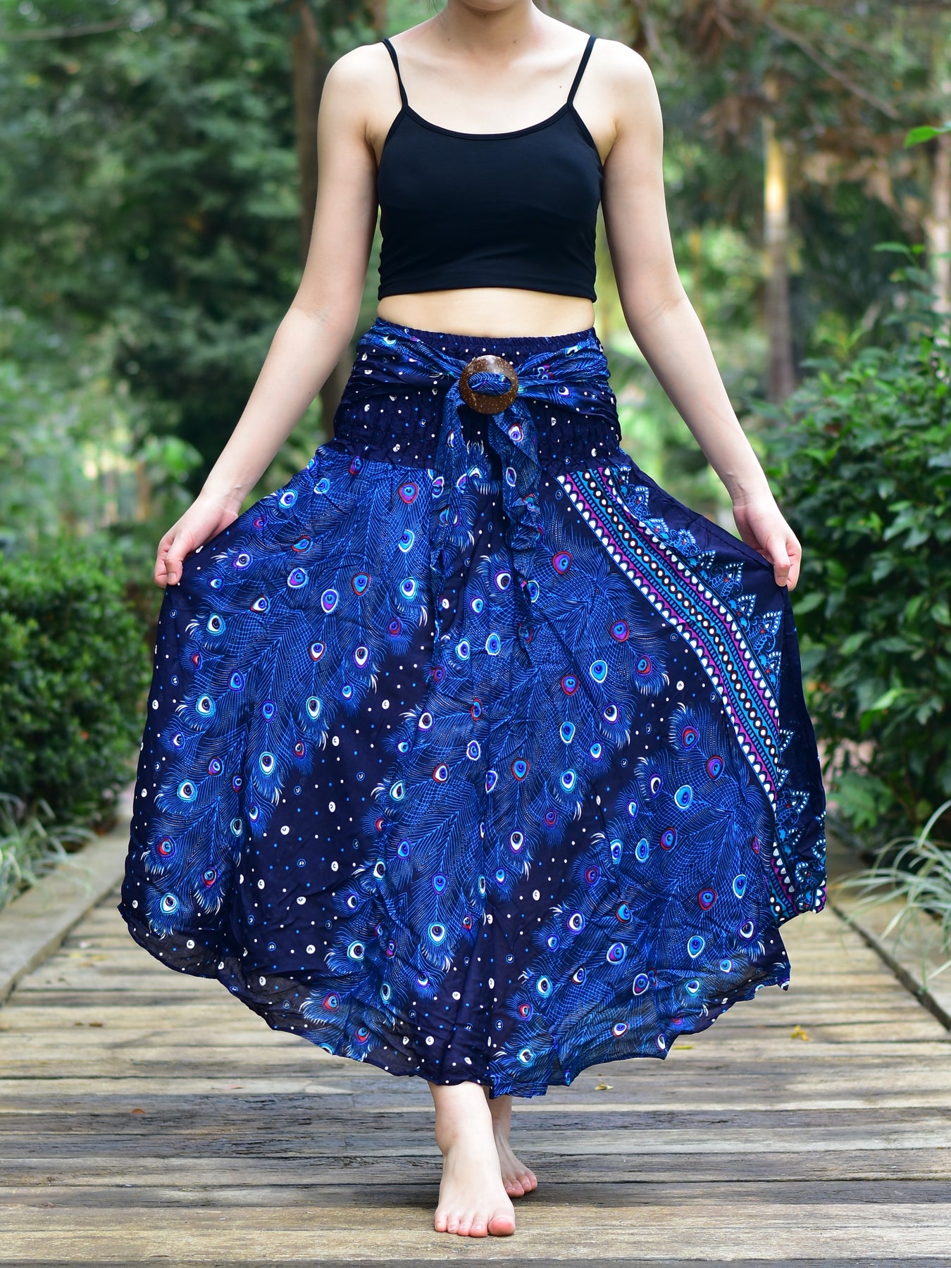 Bohotusk Blue Peacock Long Skirt With Coconut Buckle Strapless Dres