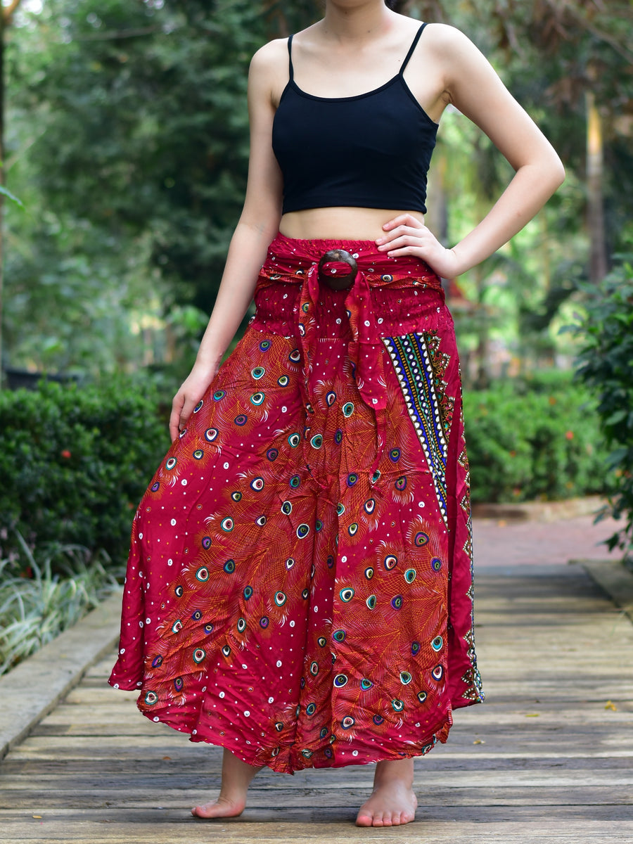 Bohotusk Burnt Red Peacock Long Skirt With Coconut Buckle (& Strapless