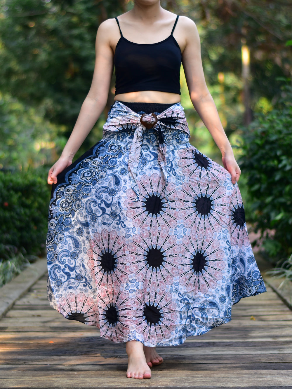 Bohotusk White Pink Ink Splash Long Skirt With Coconut Buckle (& Strapless Dress) S/M to 3XL