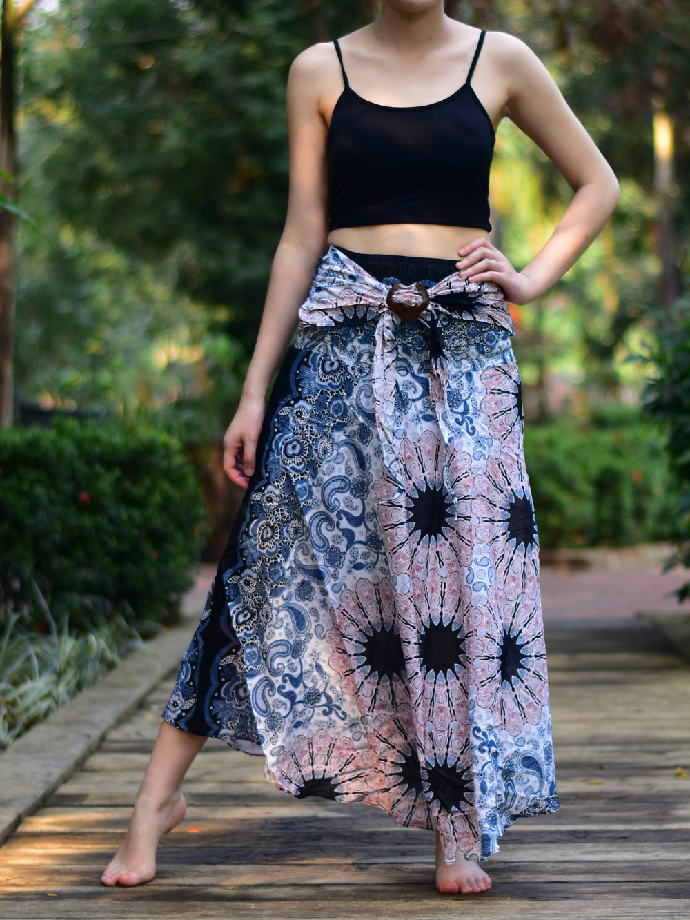 Bohotusk White Pink Ink Splash Long Skirt With Coconut Buckle (& Strapless Dress) S/M to L/XL