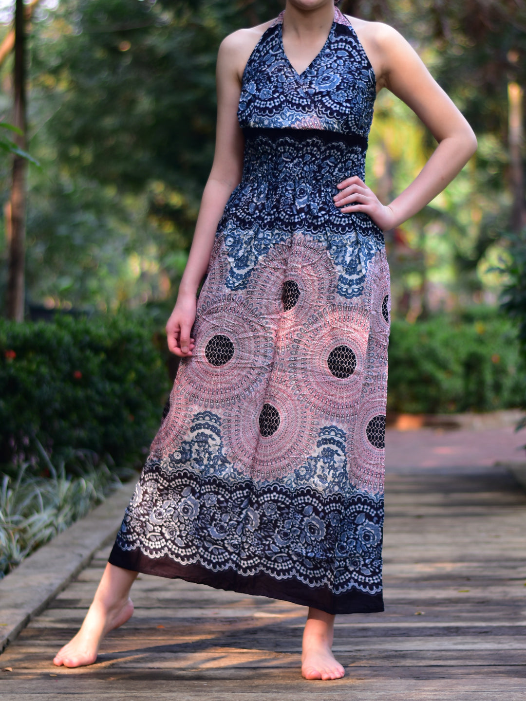Bohotusk Light Pink & White Sun Glow Print Tie Neck Maxi Dress